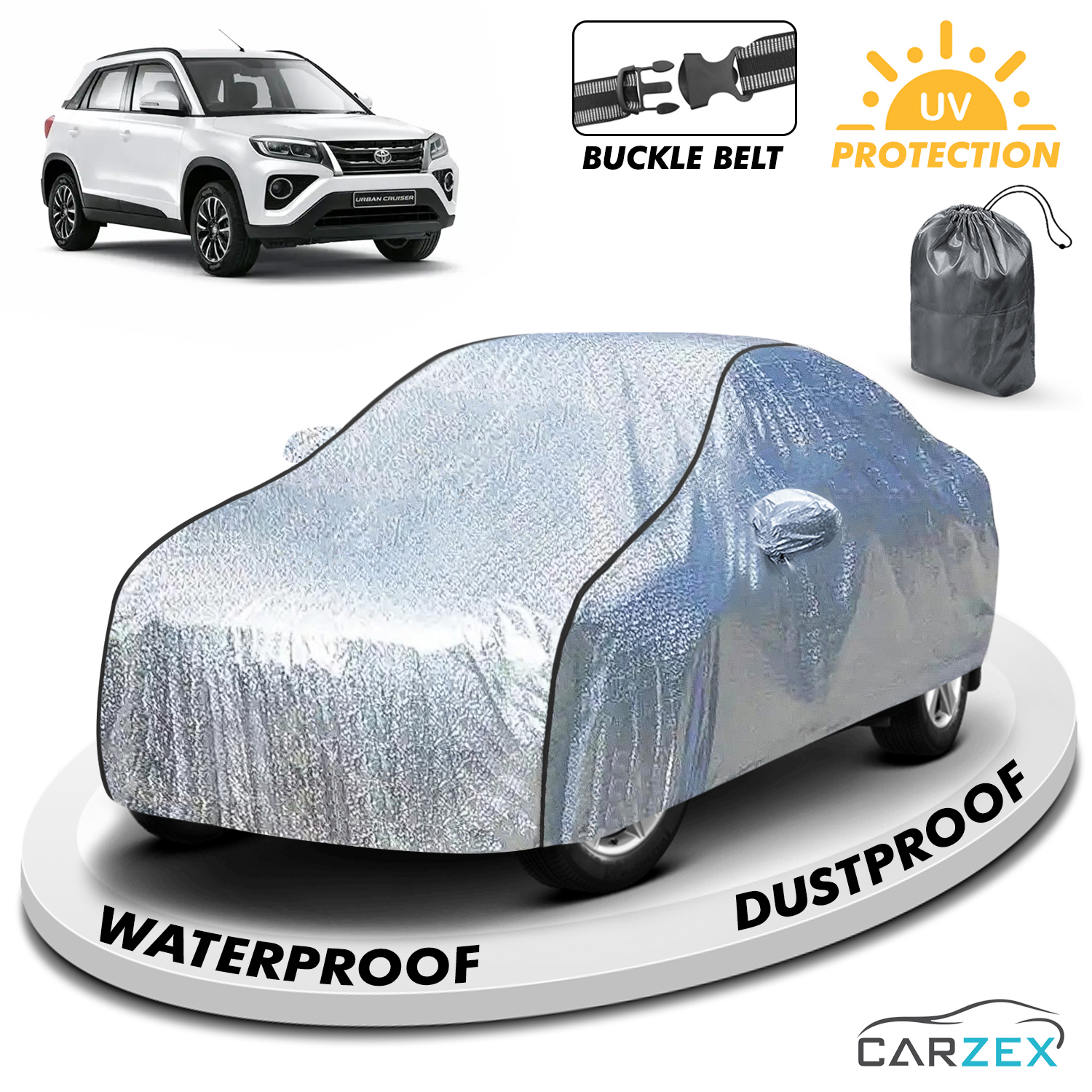 Carzex Waterproof & Heat Resistant Metallic Silver With Black Border Car Body Cover with Mirror & Antenna Pockets For Toyota Urban Cruiser